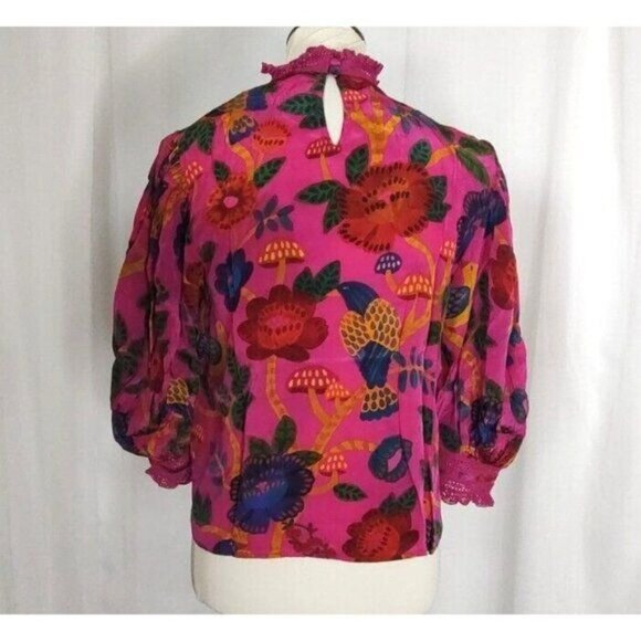 Farm Rio Blouse S Pink Sweet Forest Lace Tropical Floral High Neck Pin - Picture 14 of 15